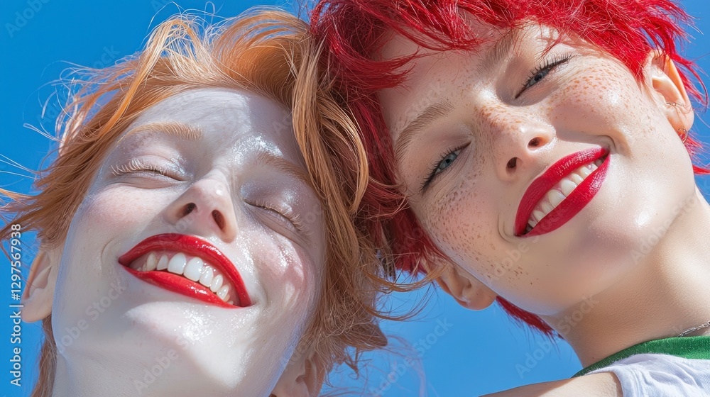 Obraz premium Joyful Women Red Blonde Hair Freckles Red Lipstick Minimalist Portrait Closeup Sun