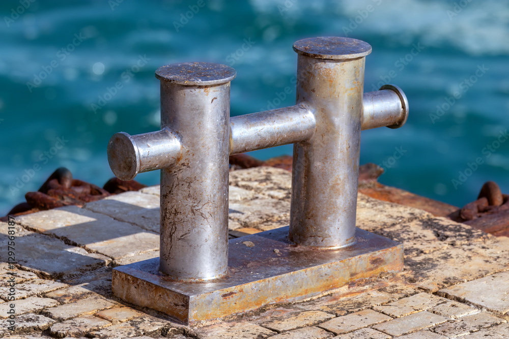 Marina bollard (bitt) at jetty for boats, ships and yachts mooring. Old rusty bollard stainless steel. Marina bollard (bitt) at jetty for boats, ships and yachts mooring. Old rusty bollard stainless steel.