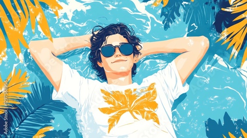 A cheerful man in sunglasses is relaxing on the beach while sunbathing wearing sunscreen, enjoying a summer vacation day abstract art concept