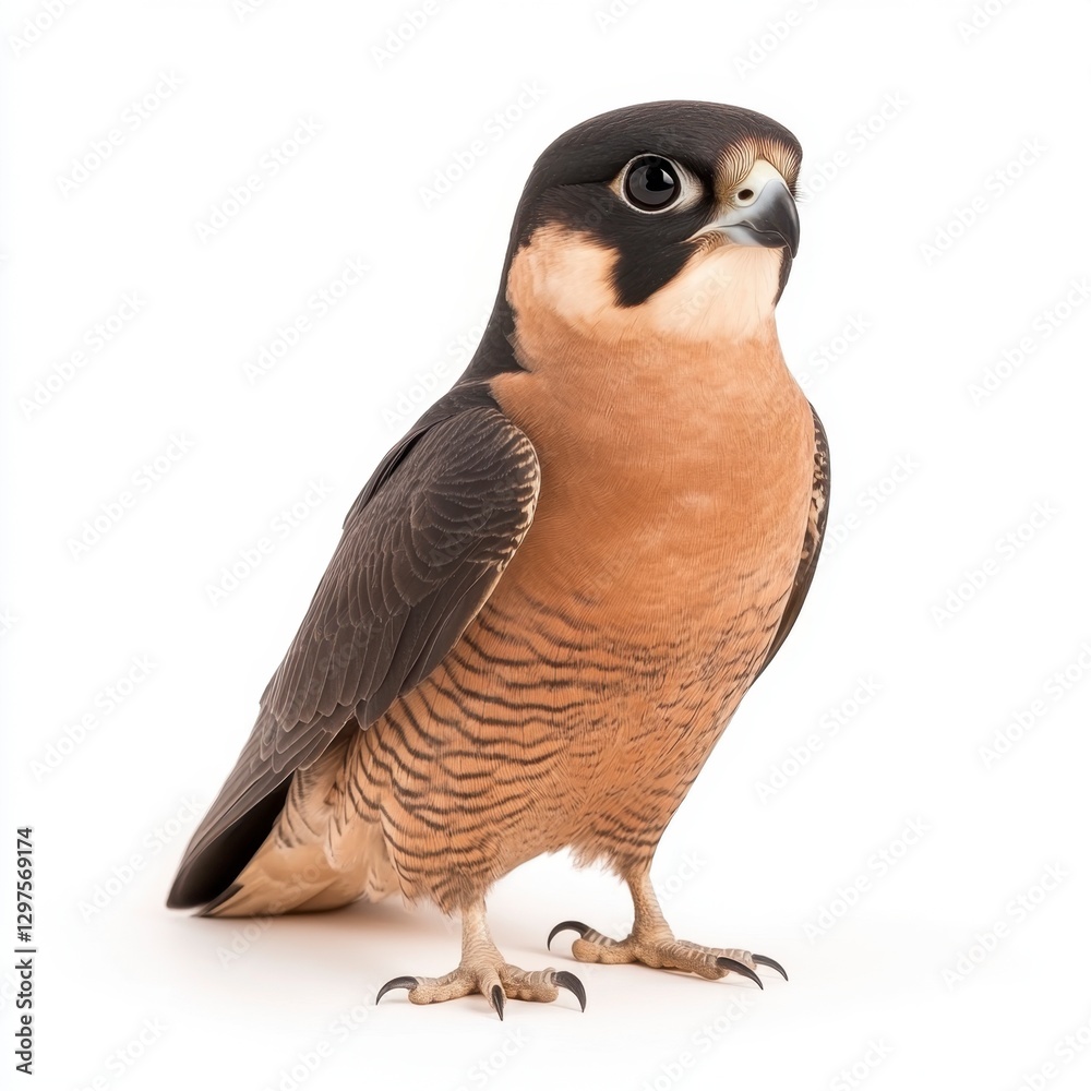 Fototapeta premium A striking falcon with dark brown and tan plumage stands against a pure white background. Its intense gaze and sharp talons are clearly visible in