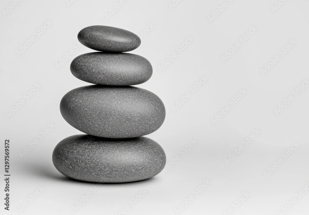 Four gray stones stacked on a light gray background. The image is in monochrome, creating a serene and balanced composition. The texture of the Four gray stones stacked on a light gray background. The image is in monochrome, creating a serene and balanced composition. The texture of the