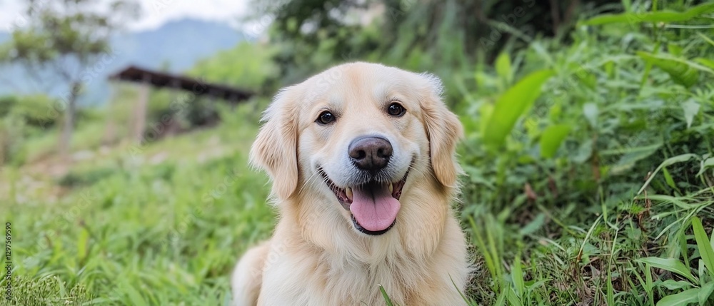 Happy Golden Retriever in grassy field Happy Golden Retriever in grassy field