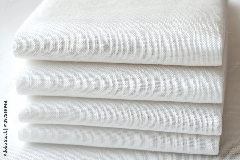 Stacked white linen napkins, clean, simple background. Restaurant, hotel use Stacked white linen napkins, clean, simple background. Restaurant, hotel use