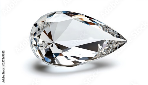 Brilliant pear shaped diamond gemstone on white background, showcasing its sparkle and facets. High key lighting accentuates the clarity and
