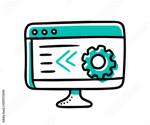 Conceptual diagram of software development, programming, and computer installation. Desktop computer settings - Gears.