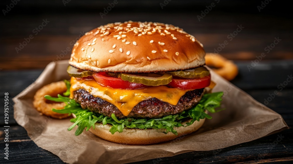 Juicy cheeseburger with lettuce, tomato, and pickles on a wooden table with onion rings nearby Juicy cheeseburger with lettuce, tomato, and pickles on a wooden table with onion rings nearby