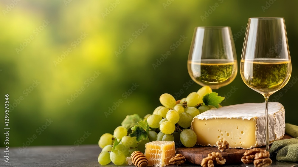 Obraz premium Elegant wine and cheese pairing with grapes and nuts on a wooden board in a serene outdoor setting
