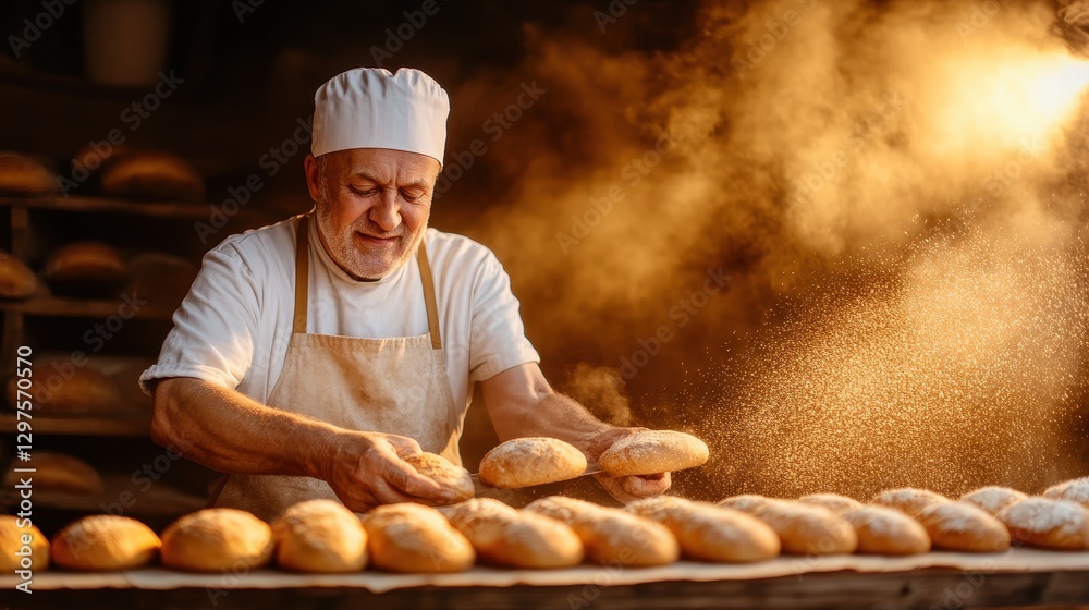 Baker Pulling Fresh Bread from Traditional Stone Oven Baker Pulling Fresh Bread from Traditional Stone Oven