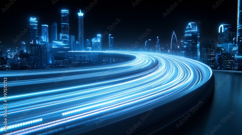 Fototapeta premium Bright city lights illuminate the modern skyline as cars streak by on a futuristic highway at night