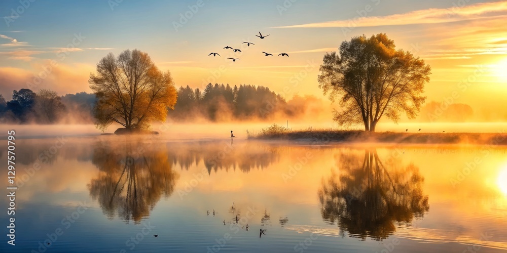 Serene Autumn Dawn Misty Lake Reflections with Golden Sunrise and Birds in Flight Serene Autumn Dawn Misty Lake Reflections with Golden Sunrise and Birds in Flight