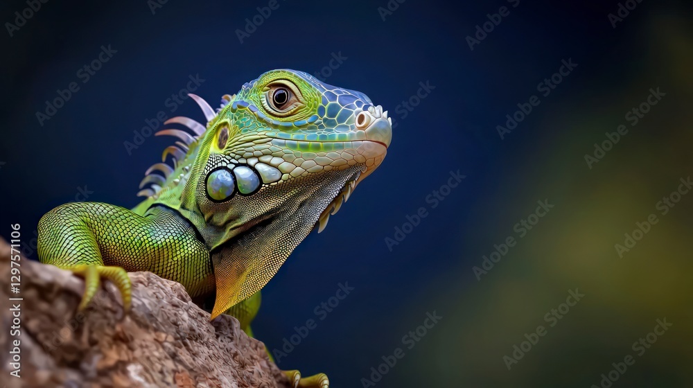 Obraz premium Vibrant Green Iguana on Rock Close up Reptile Portrait Vivid Colors Exotic Pet Nature