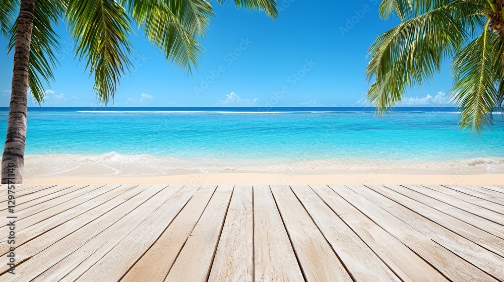 Serene Tropical Beach Scene with Wooden Deck Serene Tropical Beach Scene with Wooden Deck