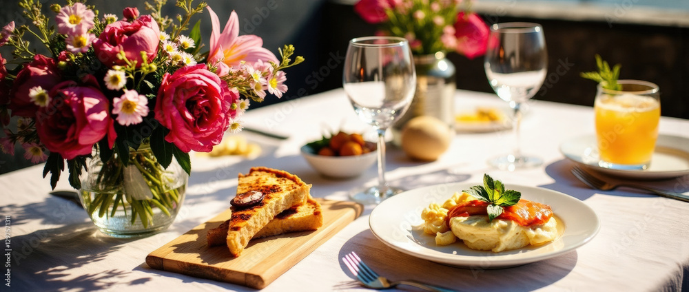 Brunch table setting with flowers and delicious dishes outdoors Brunch table setting with flowers and delicious dishes outdoors