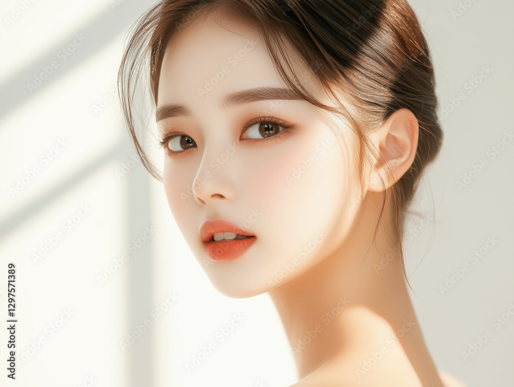 Naklejka premium 결점 없는 피부를 가진 젊은 여성의 클로즈업 뷰티 초상화 