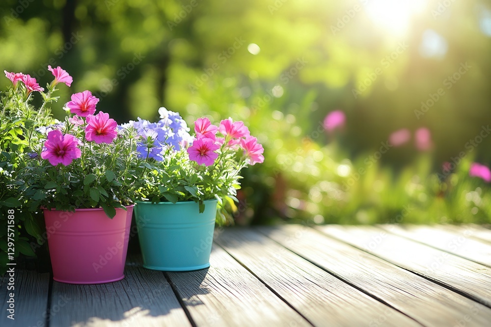 Obraz premium Pink Purple Flowers in Pastel Pots on Wooden Deck