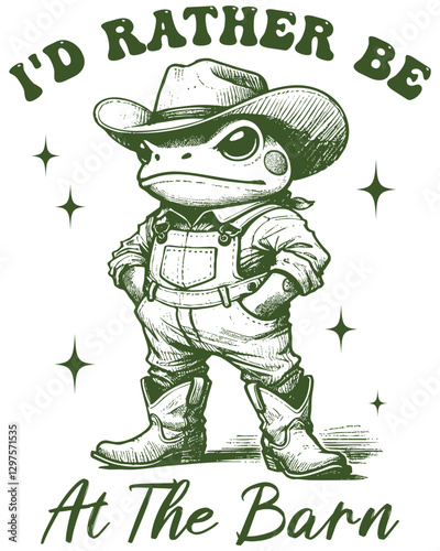 A fat frog in a cool cowboy outfit, Retro memes, Vintage style.