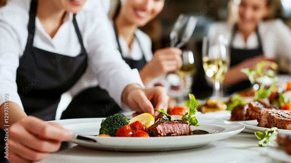 Three waitresses preparing and serving food and wine in a restaurant setting Three waitresses preparing and serving food and wine in a restaurant setting