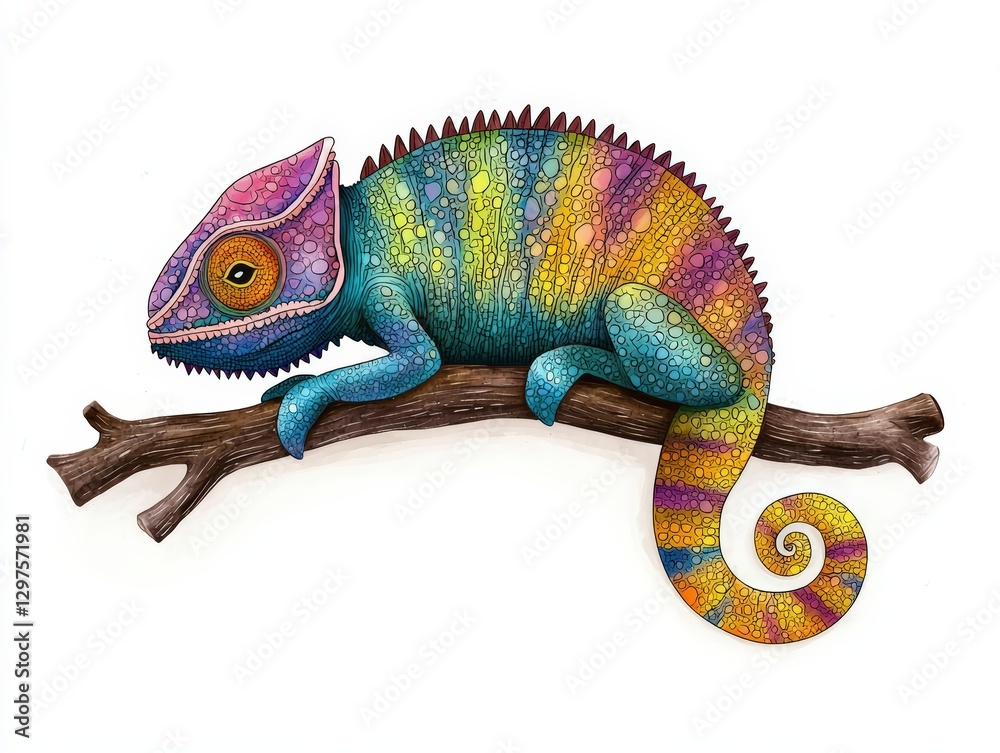 Fototapeta premium A vibrant chameleon illustration resting on a branch, showcasing colorful patterns and textures, perfect for nature-themed art.