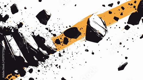 The image is an abstract digital illustration depicting a chaotic scattering of black fragments against a white background. A diagonal yellow-orange streak bisects the composition. The fragments