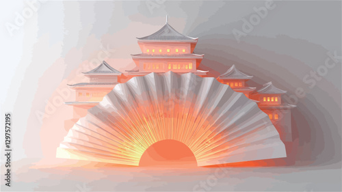 The image depicts a digitally rendered scene featuring a stylized representation of Asian architecture, possibly temples or pagodas, constructed from white paper.  These structures are partially