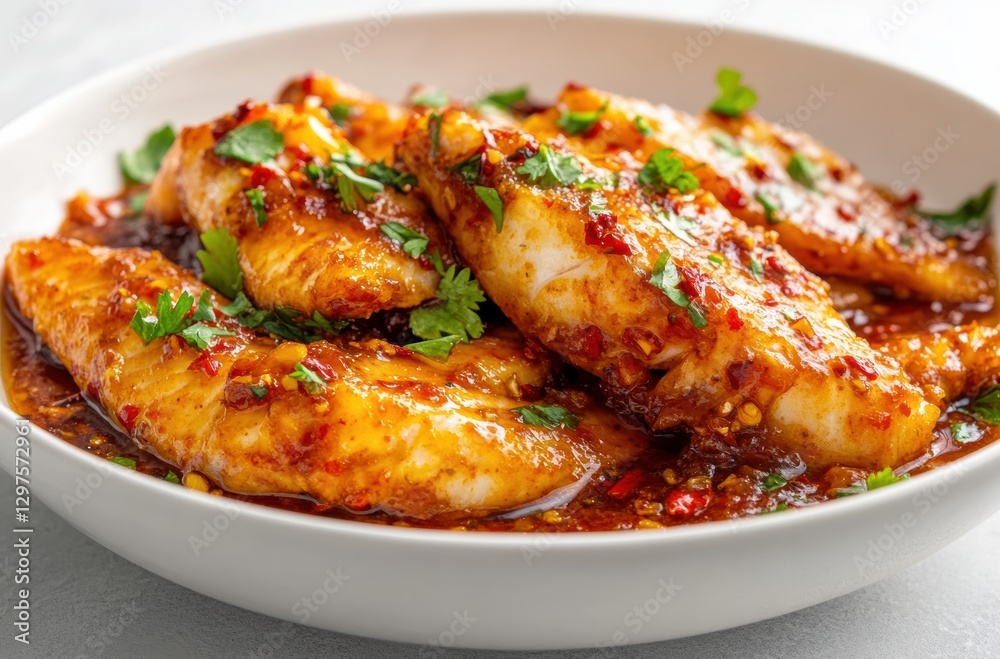 Delicious spicy fish dish home kitchen food photography bright environment close-up view culinary delight Delicious spicy fish dish home kitchen food photography bright environment close-up view culinary delight