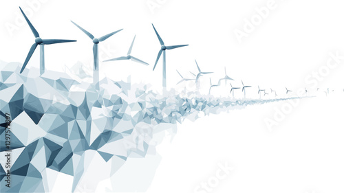 The image is a digital illustration depicting a series of stylized wind turbines rendered in a low-poly, abstract style.  The turbines are light blue and grey, set against a predominantly white