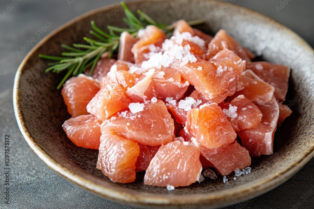 Fresh tuna cubes preparation kitchen food photography modern setting close-up culinary art Fresh tuna cubes preparation kitchen food photography modern setting close-up culinary art