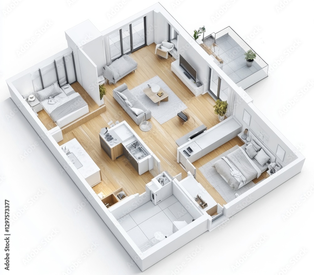 Modern apartment floor plan, top view, interior design, patio Modern apartment floor plan, top view, interior design, patio