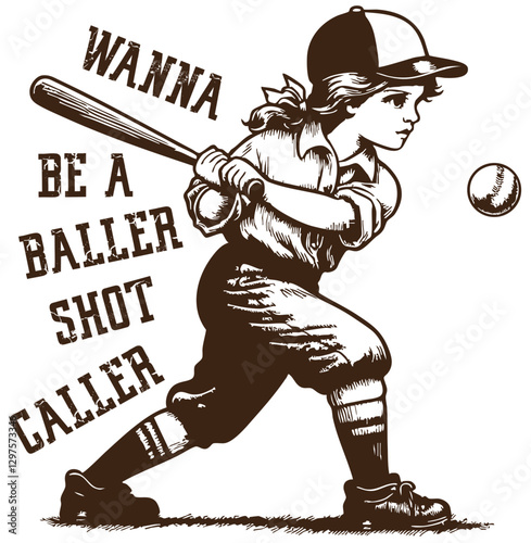 Girls are playing baseball, Wanna be a baller shot caller, Retro memes, Vintage style.