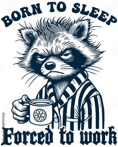 A funny, grumpy raccoon is drinking orange juice, Retro memes, Vintage style.