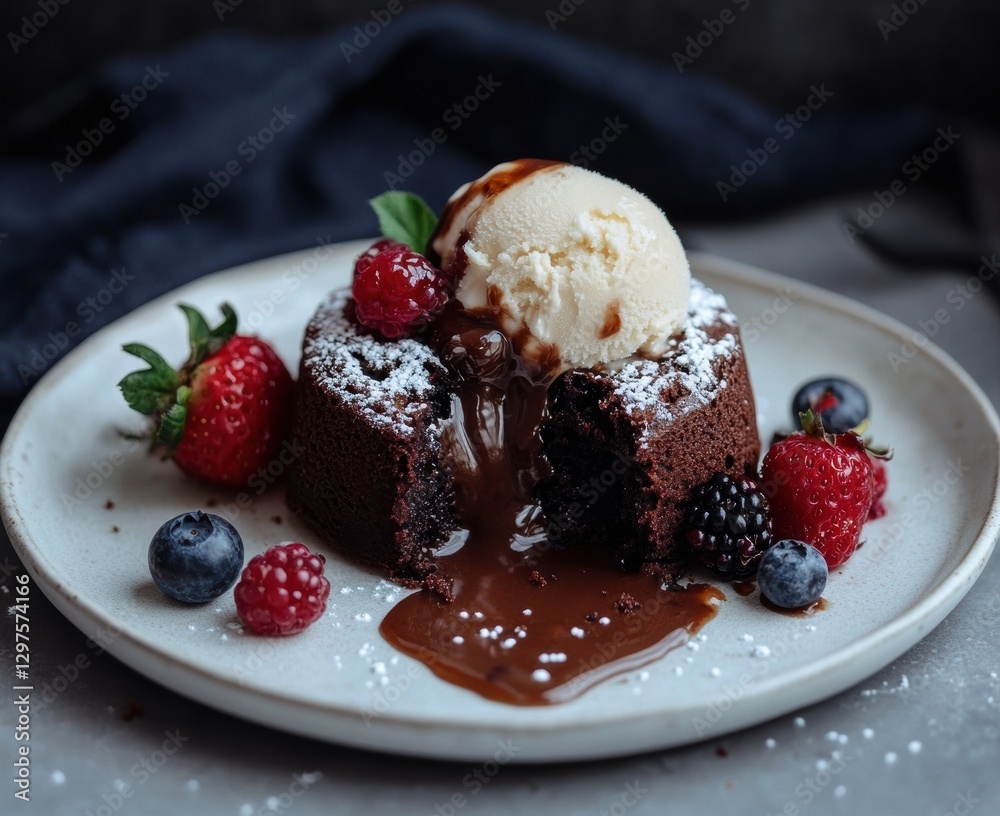 Decadent chocolate lava cake with ice cream gourmet restaurant food photography indoor dining close-up dessert indulgence Decadent chocolate lava cake with ice cream gourmet restaurant food photography indoor dining close-up dessert indulgence