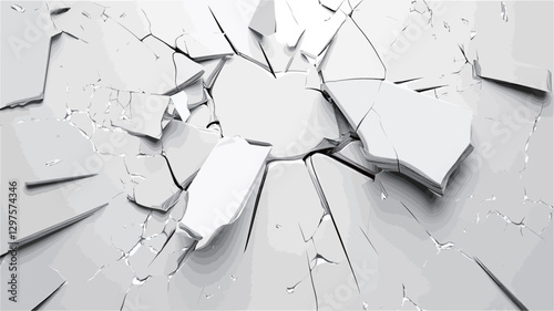 High-angle, close-up view of a digitally rendered, abstract image depicting a shattered white surface.  The image shows numerous irregularly shaped fragments radiating outward from a central point.