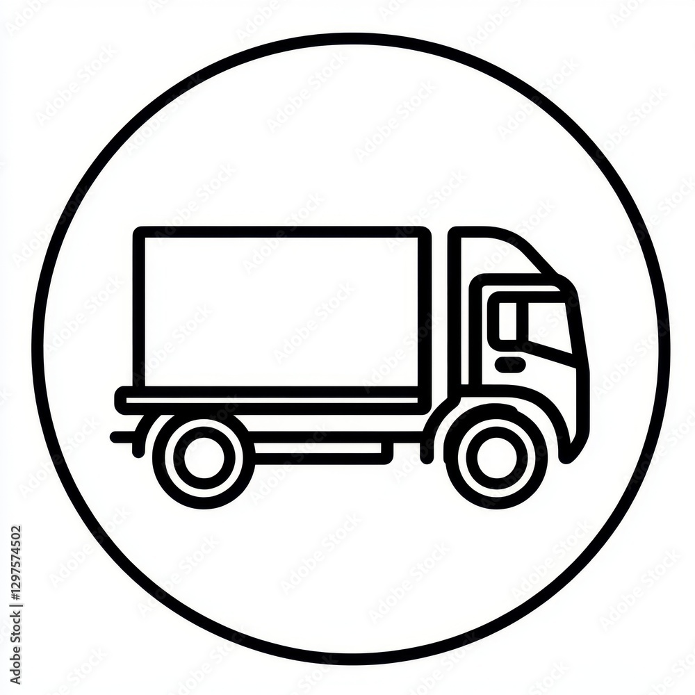 Black and white line art illustration of a delivery truck inside a circle. Simple design, suitable for transportation or logistics concepts
