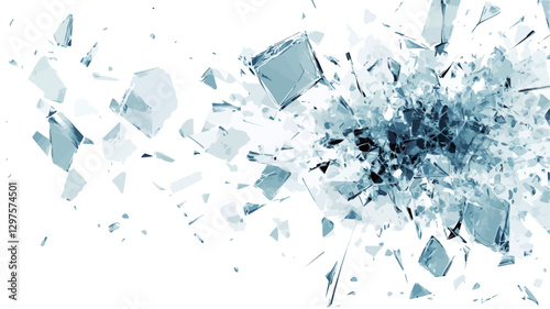 The image depicts a high-resolution close-up of numerous sharp, irregular fragments of shattered glass against a white background. The glass pieces vary in size and shape, with many exhibiting
