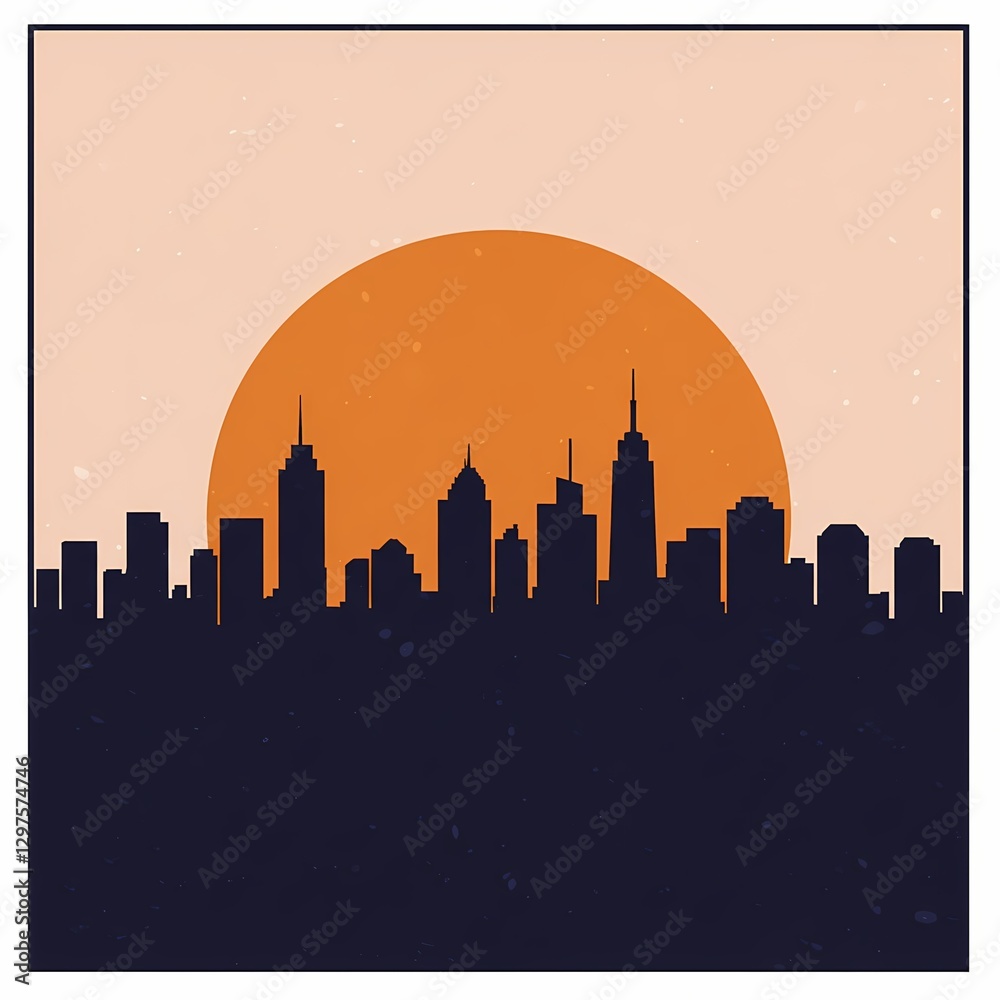 Fototapeta premium Minimalist city skyline silhouette with orange sun.