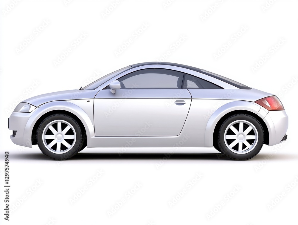 Silver coupe profile view on white background, studio shot, sleek design, modern automobile, isolated, clean lines, metallic finish, side view Silver coupe profile view on white background, studio shot, sleek design, modern automobile, isolated, clean lines, metallic finish, side view
