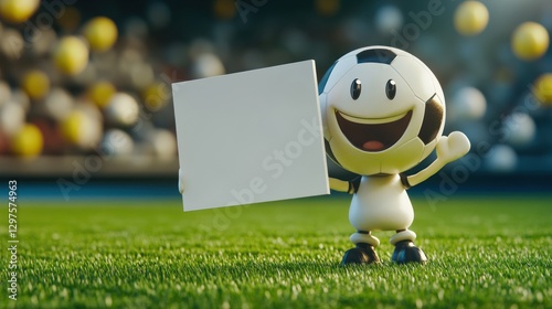 Cartoon character ball smiling on the stadium grass is stunning with empty board background of stadium audience and plain background has competitive message