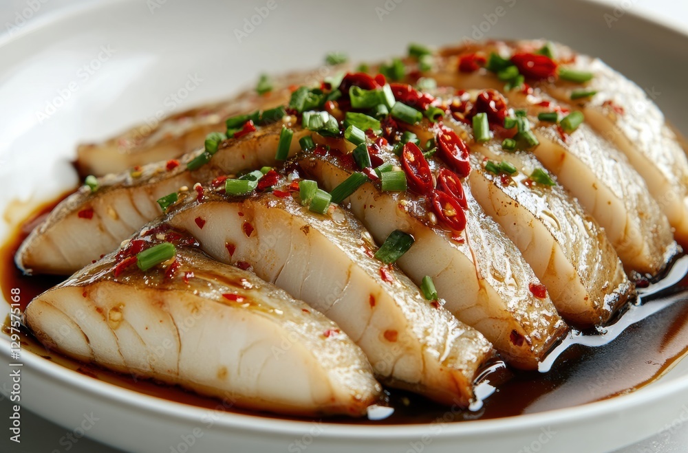 Delicious steamed fish with spicy sauce asian cuisine food photography indoor setting overhead view culinary delight Delicious steamed fish with spicy sauce asian cuisine food photography indoor setting overhead view culinary delight