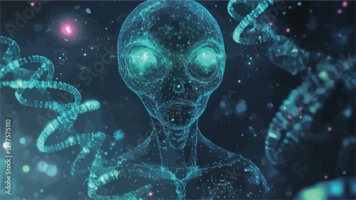 A digital 3D rendering of a bioluminescent alien creature. The creature's skin appears to be composed of glowing particles, emitting a teal and blue light.  It has large, luminous eyes.  Several