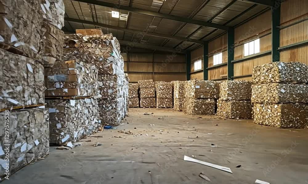 Recycled Paper Warehouse: Stacks of Cardboard and Paper Ready for Reprocessing