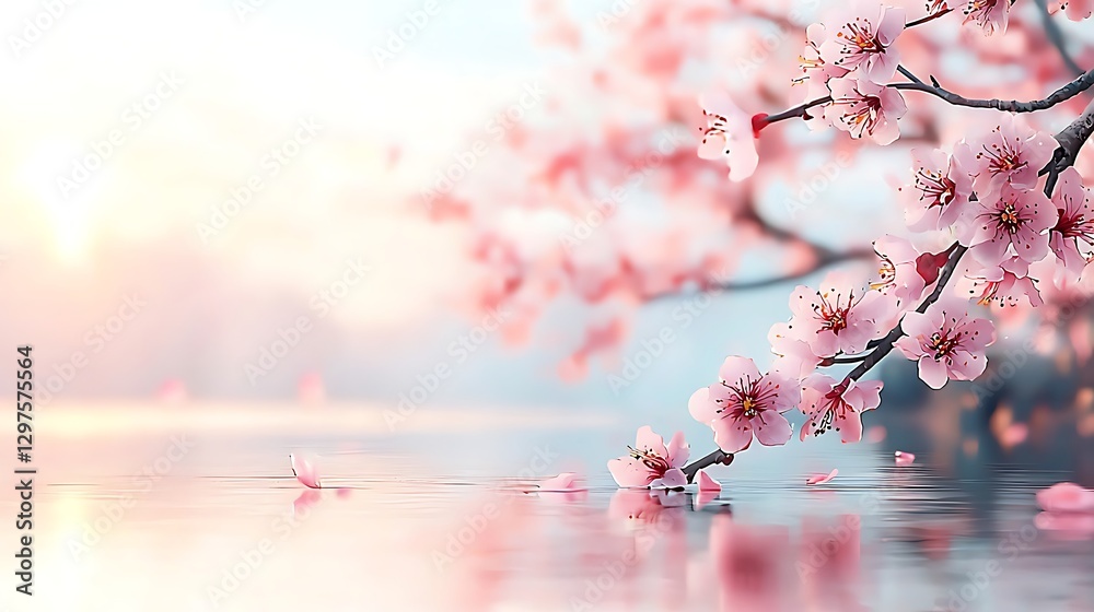 Fototapeta premium Morning serenity reflecting cherry blossoms in a tranquil natural environment
