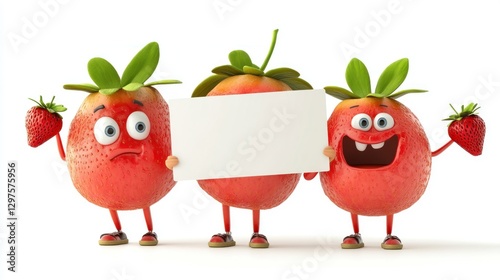 Cute and adorable strawberry cartoon character holding blank board standing on plain white background attractive visual for children, concept of caring for children's nutrition