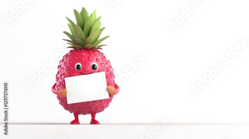 Cute and adorable strawberry cartoon character holding blank board standing on plain white background attractive visual for children, concept of caring for children's nutrition