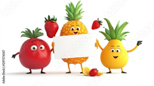 Cute and adorable strawberry cartoon character holding blank board standing on plain white background attractive visual for children, concept of caring for children's nutrition