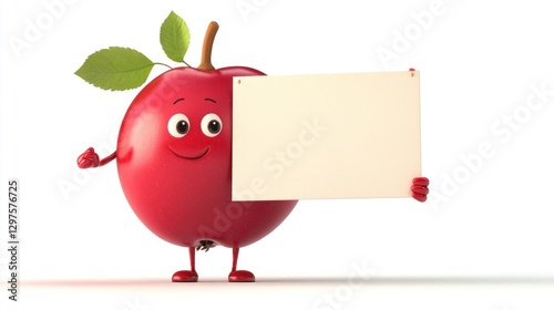 Cute and adorable strawberry cartoon character holding blank board standing on plain white background attractive visual for children, concept of caring for children's nutrition