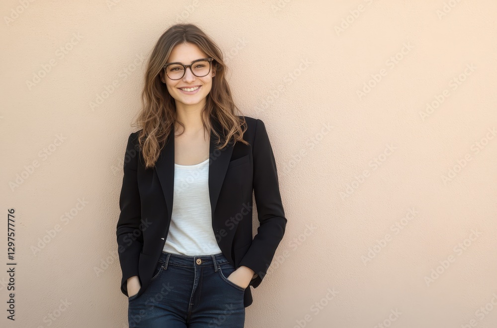 Photo of a young smiling woman wearing a black blazer Photo of a young smiling woman wearing a black blazer