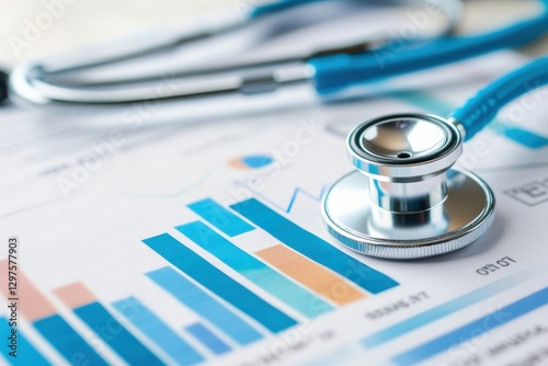 Stethoscope on financial and medical reports with laptop, highlighting data-driven healthcare decisions