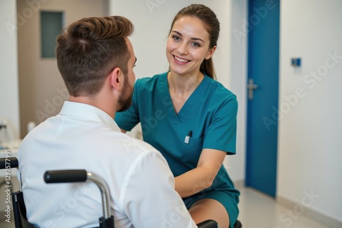 A Smiling Female Healthcare Professional in Scrubs Providing Comforting Care to a Male Patient in a Wheelchair in a Modern Medical Facility