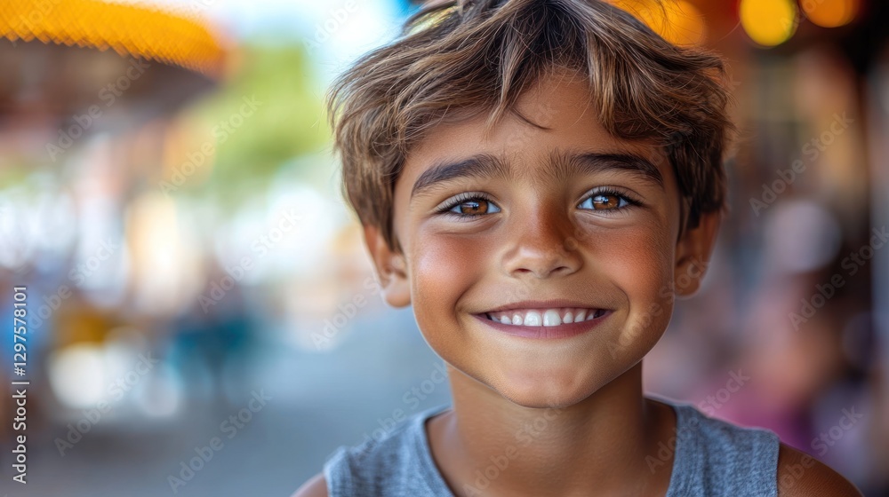 Boy smiles at carousel in amusement park. Possible use Stock photo Boy smiles at carousel in amusement park. Possible use Stock photo