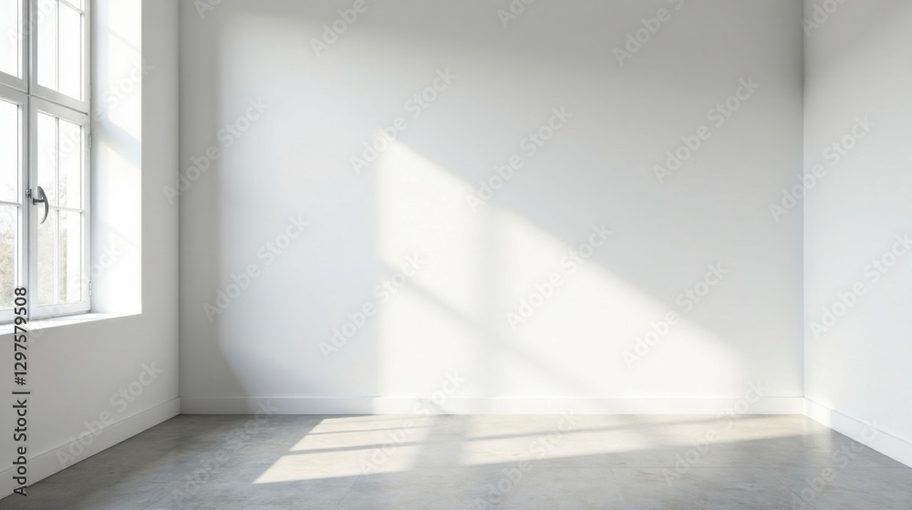 Empty Room Corner with Sunlight Streaming Through a Window Illuminating a Plain White Wall and Grey Floor